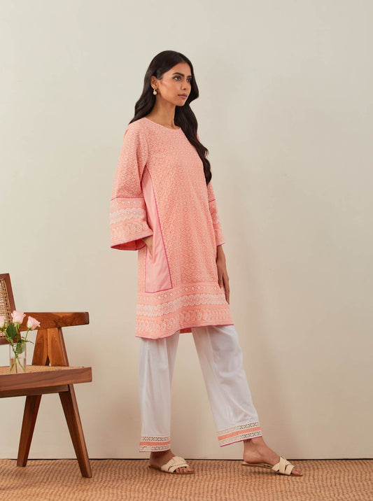Peach Chikankari Pak Wide Arm Kurta - The Indian Cause