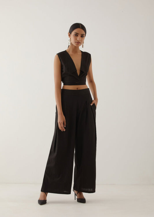 Black Collared Crop Top Co-Ord Set - The Indian Cause