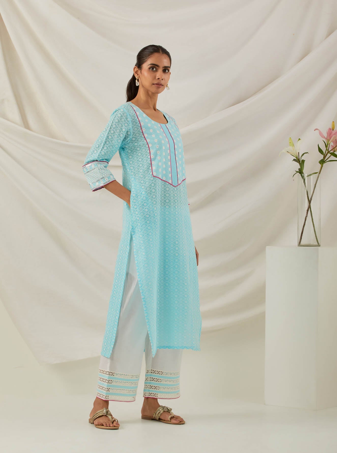 Blue Chikankari Rooh Straight Kurta and Palazzo with wide lace detail (Set of 2) - The Indian Cause