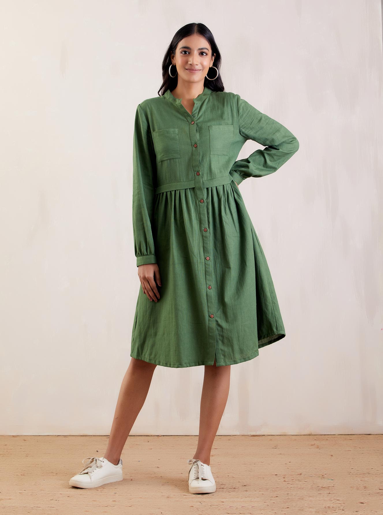 Green Cotton Shirt Dress - The Indian Cause