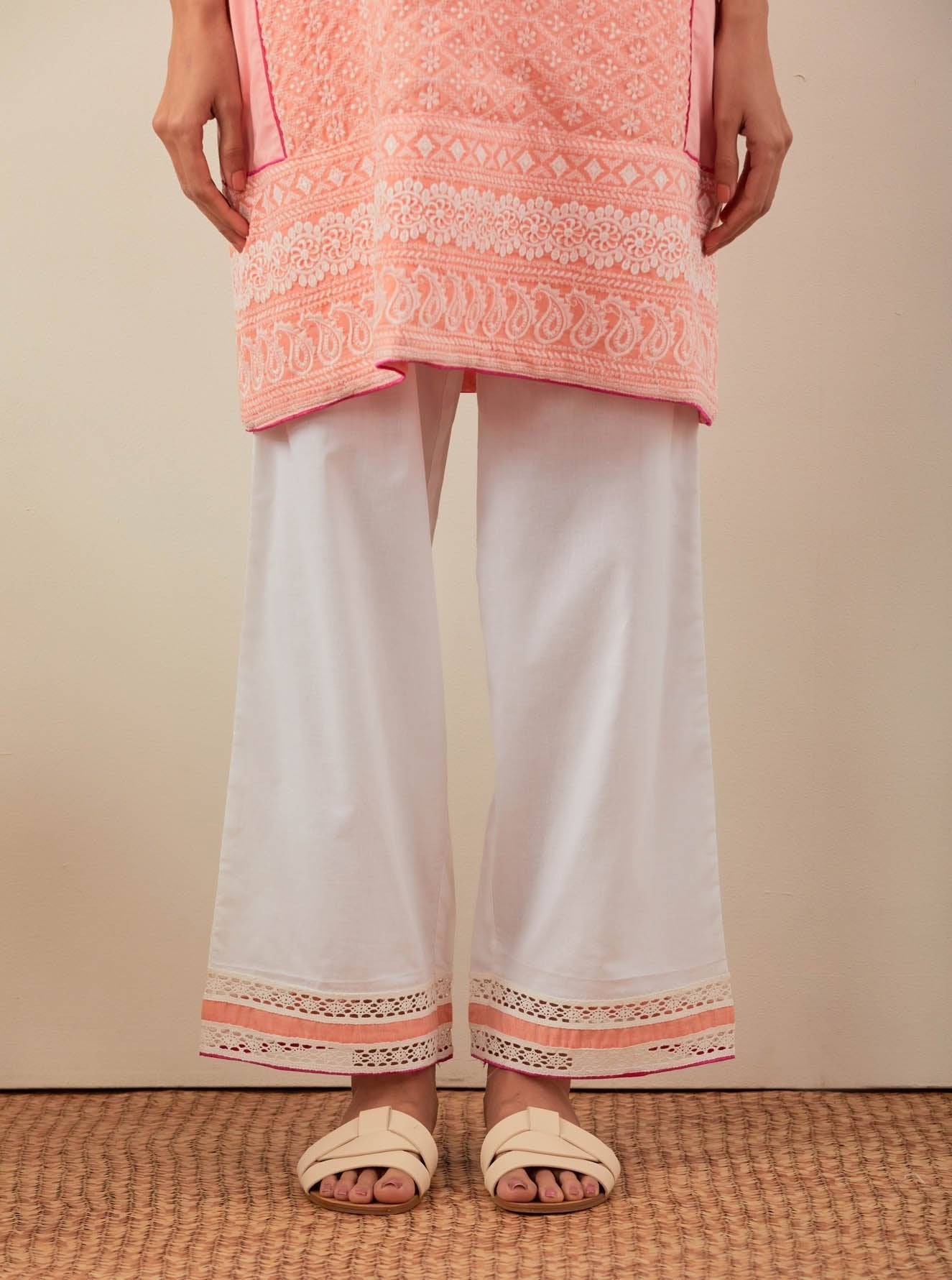 Peach Chikankari Pak Wide Arm Kurta and Palazzo with lace detail (Set of 2) - The Indian Cause