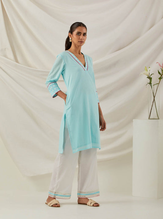 Blue Plain Kali Short Kurta With Chikankari Detail - The Indian Cause
