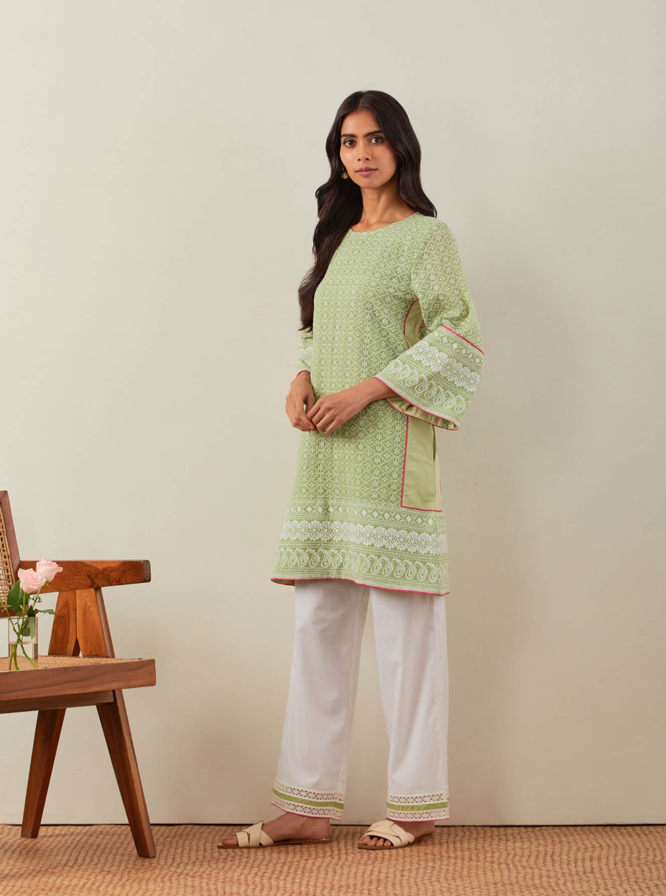 Green Chikankari Pak Wide Arm Kurta and Palazzo with lace detail (Set of 2) - The Indian Cause