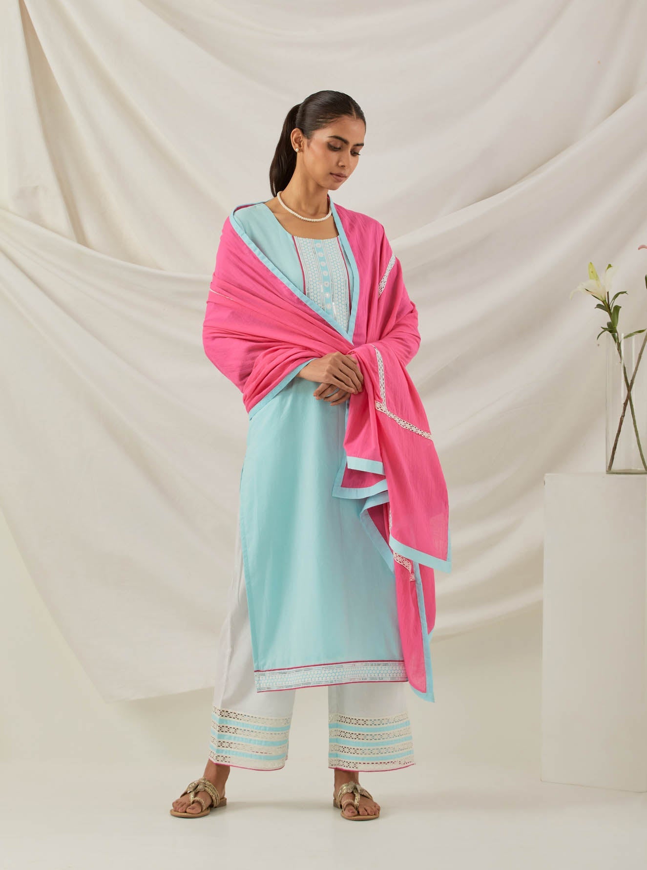 Blue Plain Rozana Straight Kurta With Chikankari Placket and Palazzo with wide lace detail & Dupatta (Set of 3) - The Indian Cause