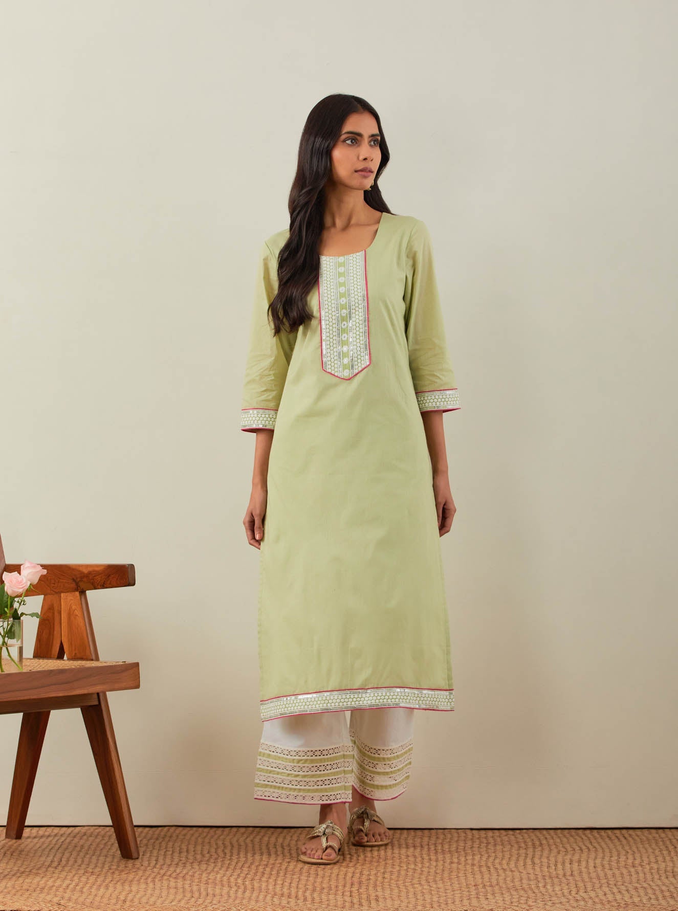 Green Plain Rozana Straight Kurta With Chikankari Placket and Palazzo with wide lace detail (Set of 2) - The Indian Cause