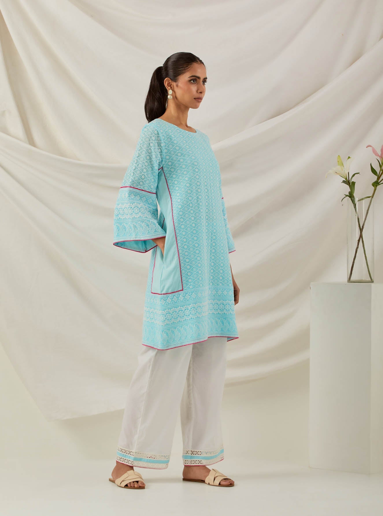 Blue Chikankari Pak Wide Arm Kurta and Palazzo with lace detail (Set of 2) - The Indian Cause