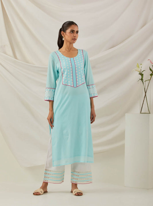 Blue Plain Rooh Straight Kurta With Chikankari Yoke Details - The Indian Cause