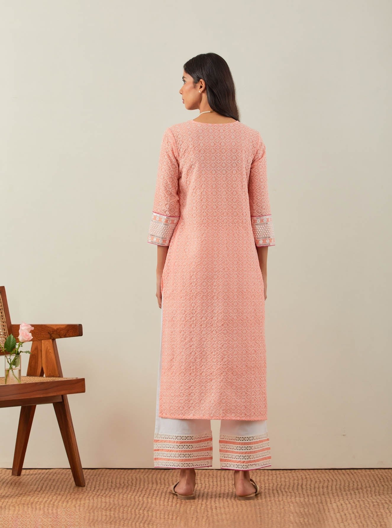 Peach Chikankari Rooh Straight Kurta and Palazzo with wide lace detail (Set of 2) - The Indian Cause