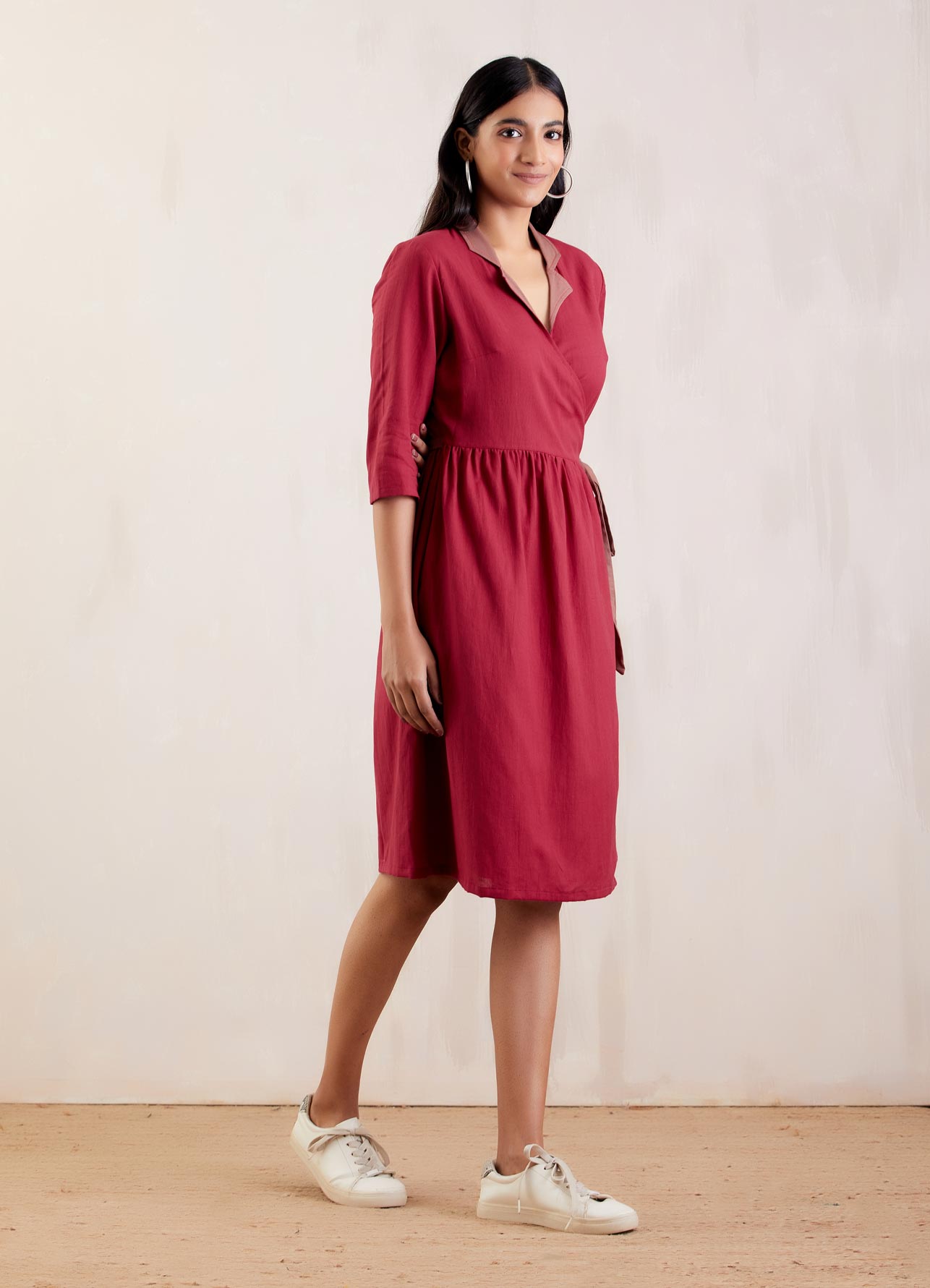 Red Cotton Collared Wrap Dress - The Indian Cause