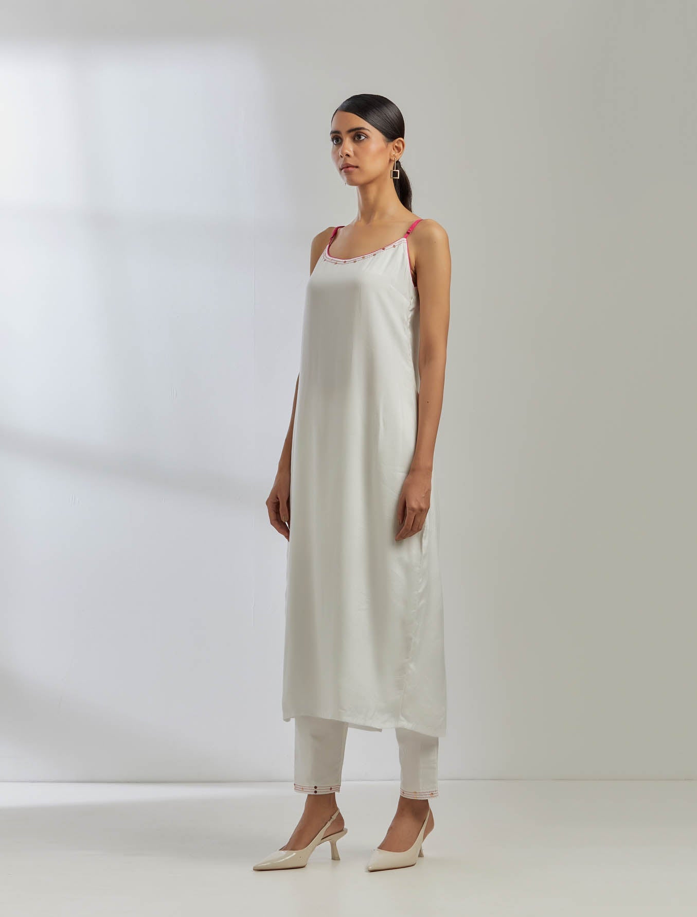 White Silk Strappy Kurta With White Pant (Set Of 2) - The Indian Cause