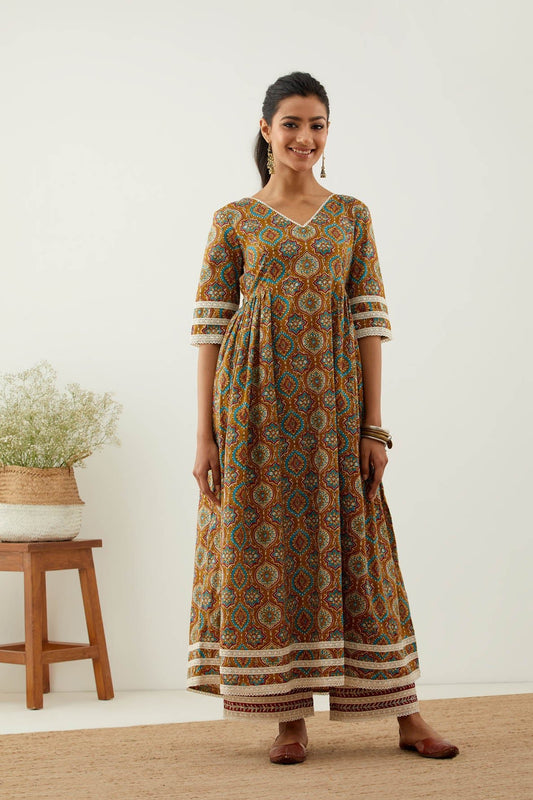 Mustard Cotton Printed Markab Anarkali Kurta - The Indian Cause