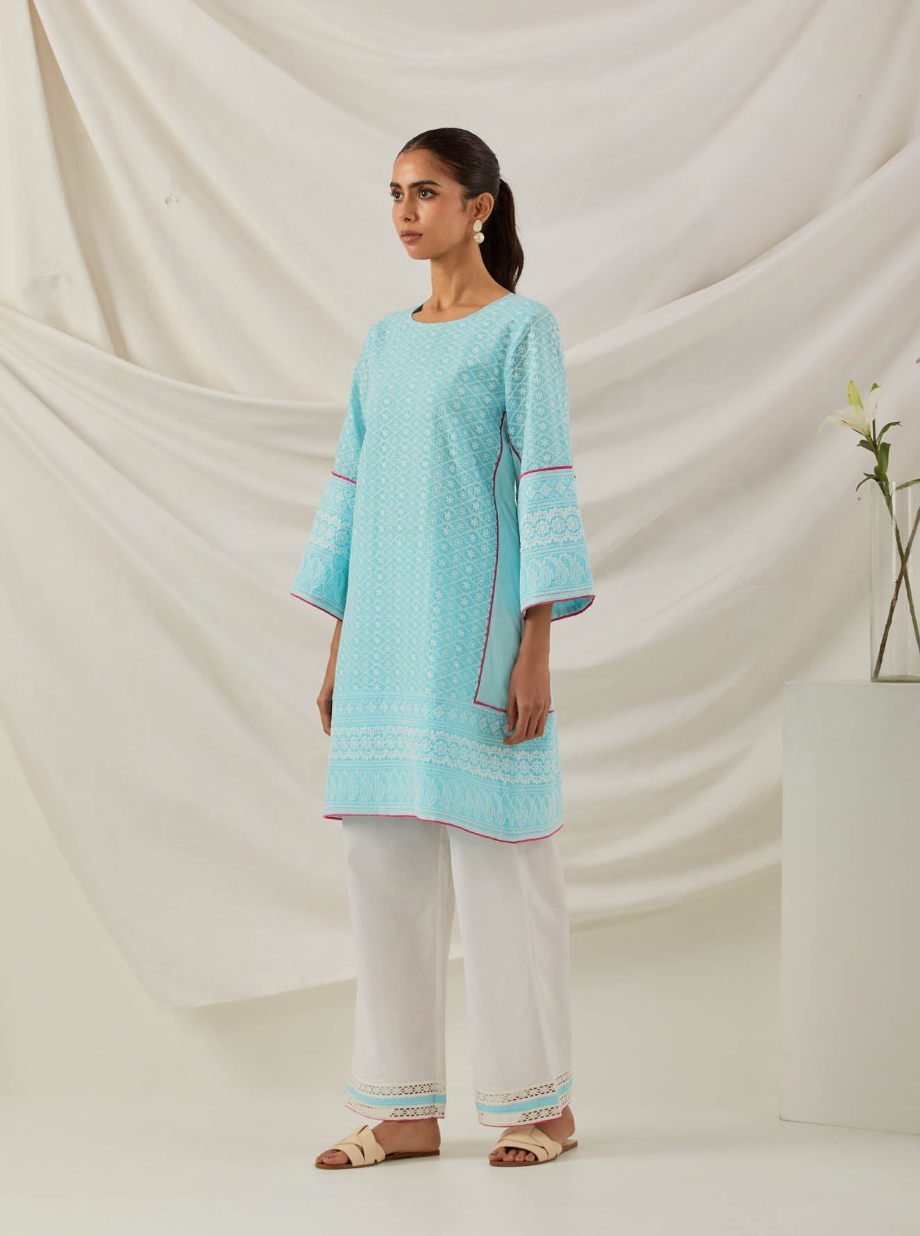 Blue Chikankari Pak Wide Arm Kurta and Palazzo with lace detail (Set of 2) - The Indian Cause