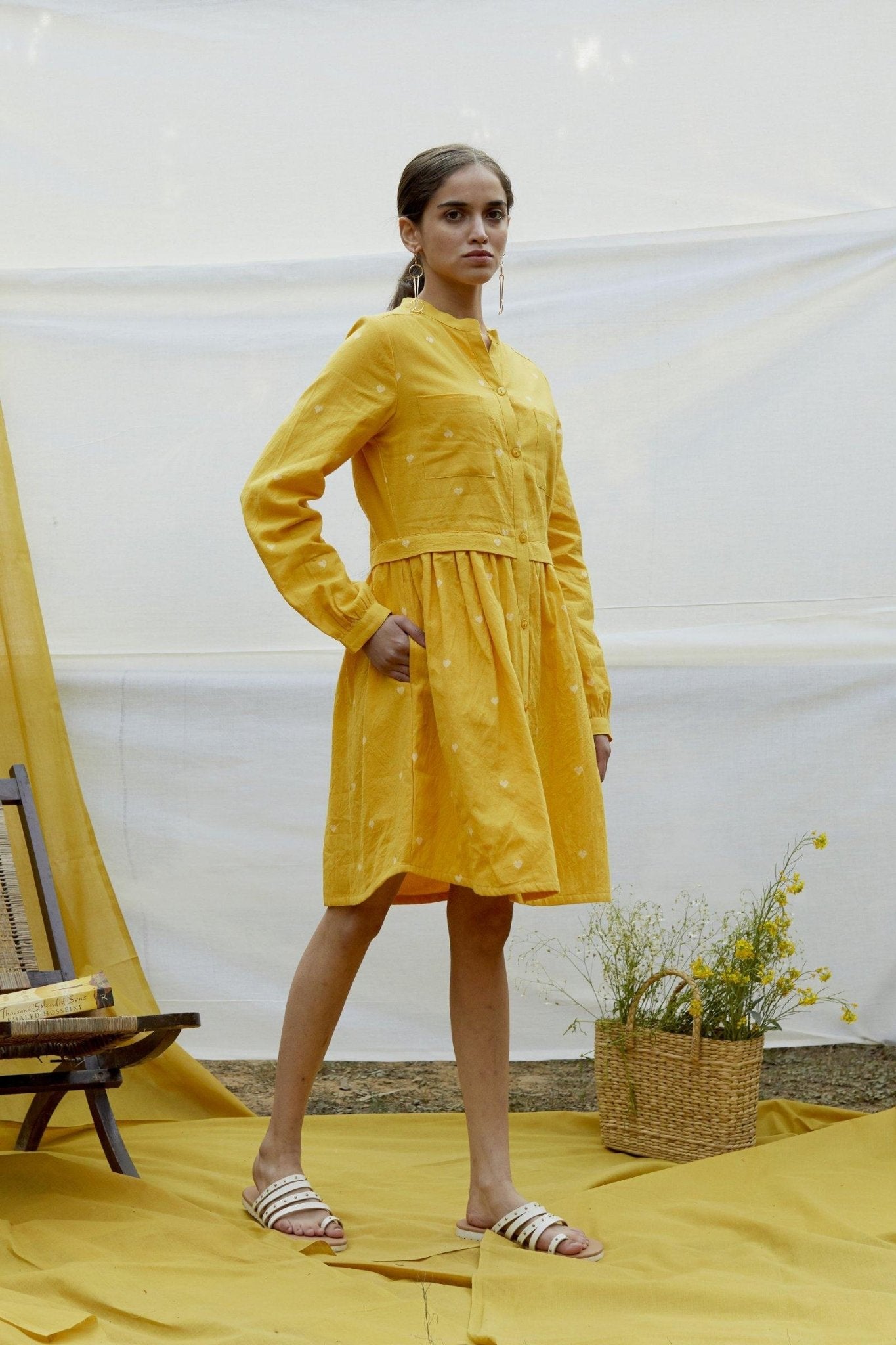 Yellow Cotton Dobby Shirt Dress - The Indian Cause
