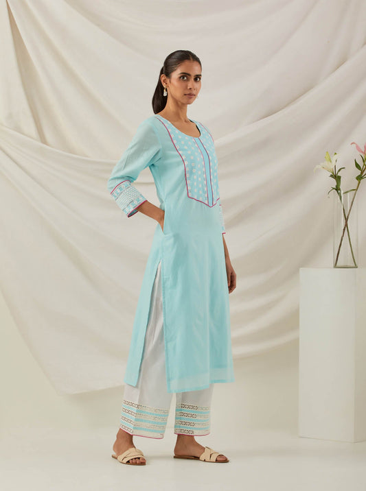 Blue Plain Rooh Straight Kurta With Chikankari Yoke Details and Palazzo with wide lace detail (Set of 2) - The Indian Cause