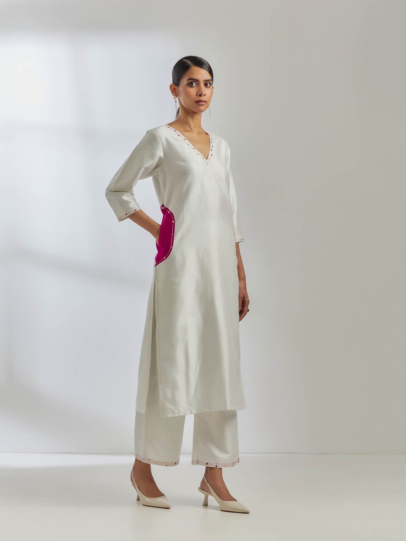 White Raw Silk Mira Kurta With White Palazzo (Set Of 2) - The Indian Cause
