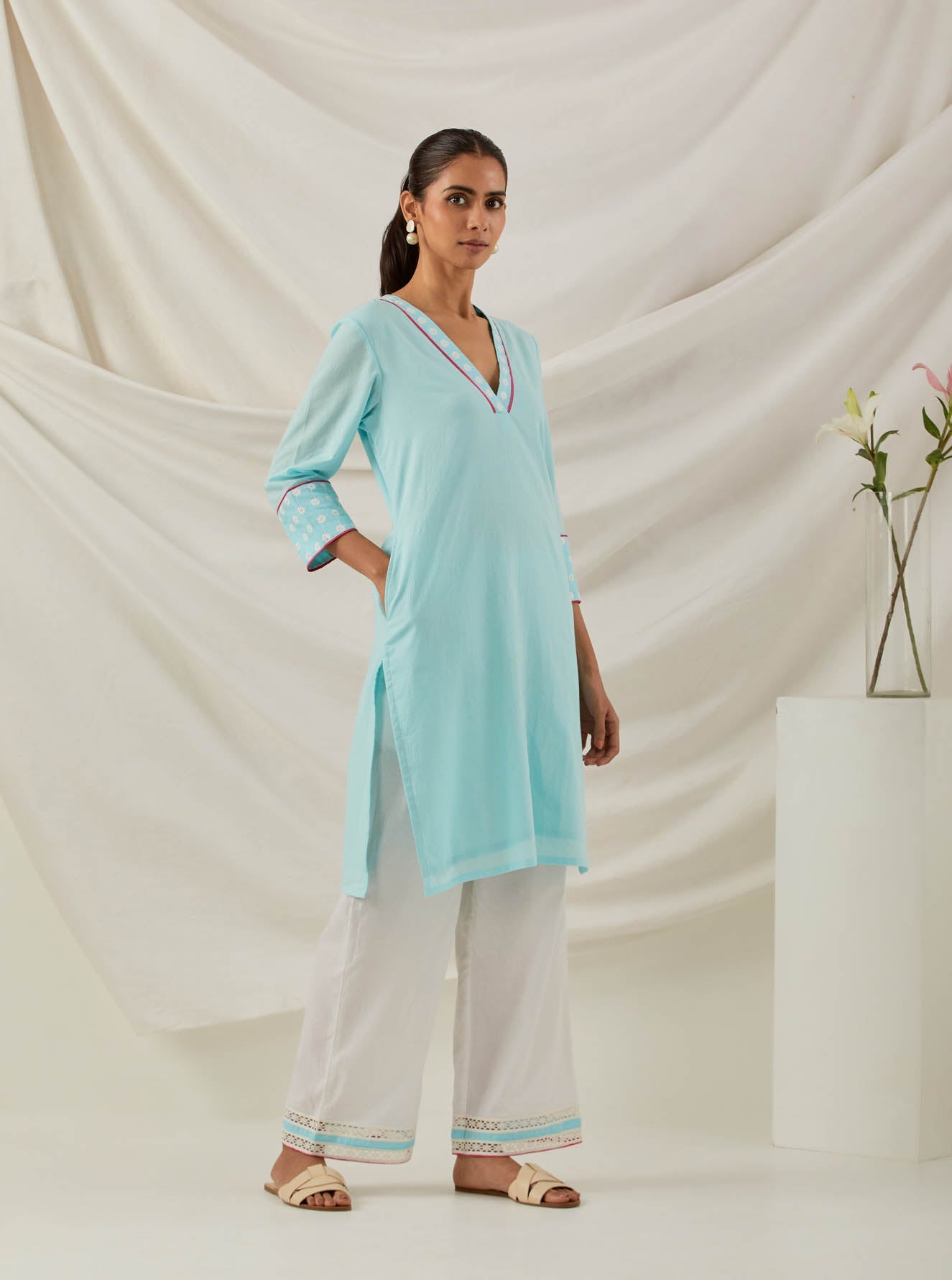 Blue Plain Kali Short Kurta With Chikankari Detail and Palazzo with lace detail (Set of 2) - The Indian Cause