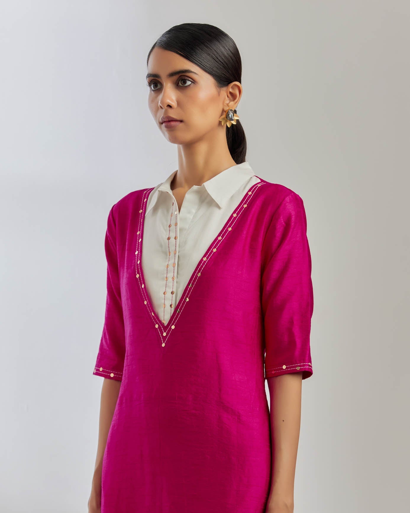 Pink Raw Silk Collared Kurta With Pink Palazzo (Set Of 2) - The Indian Cause