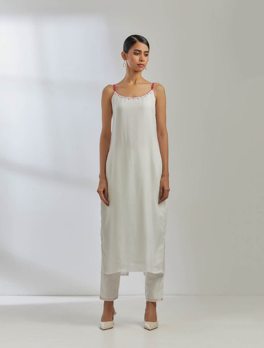 White Silk Strappy Kurta With White Pant (Set Of 2) - The Indian Cause