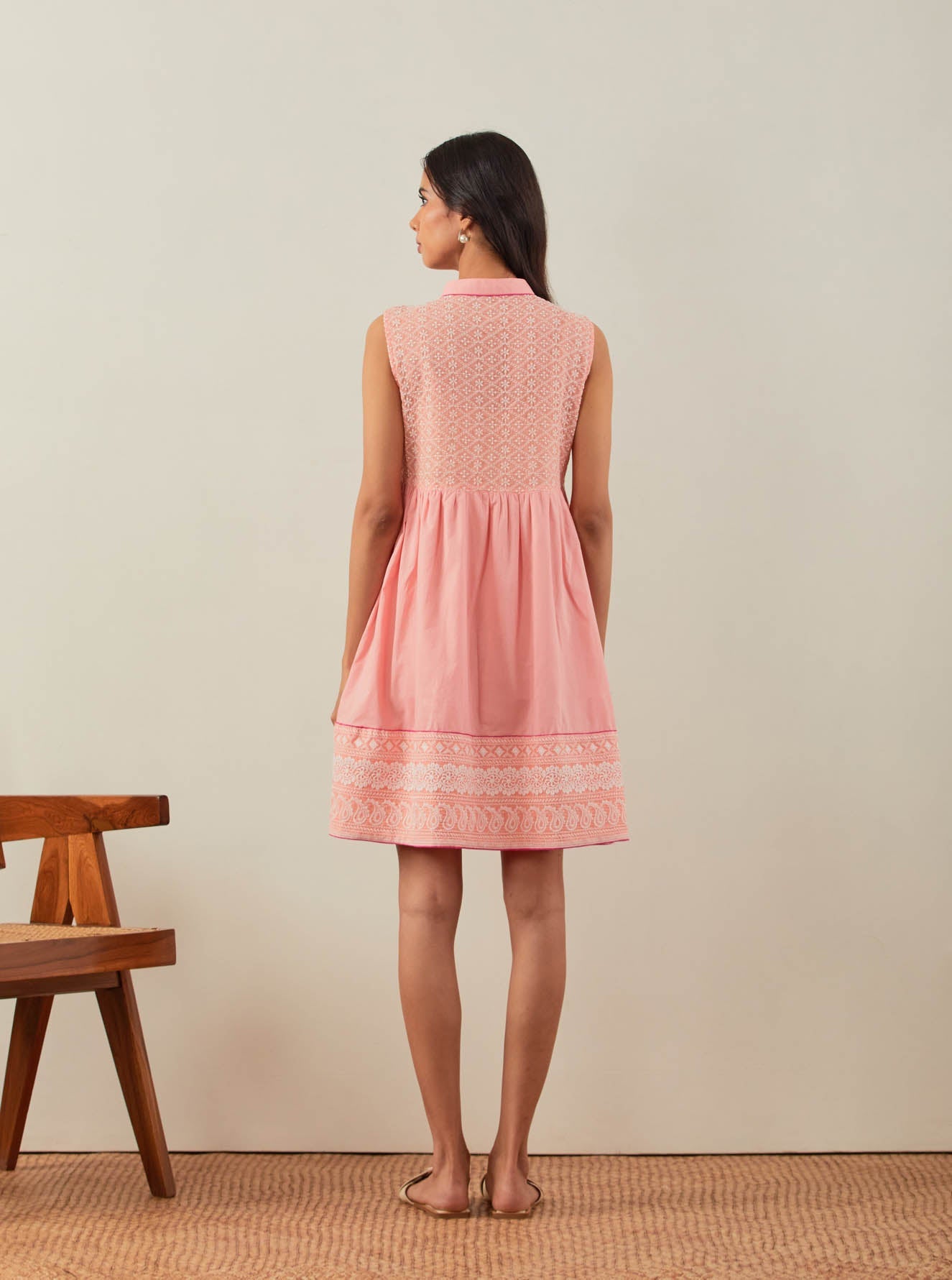 Peach Amore Placket Short Dress With Chikankari Detail - The Indian Cause