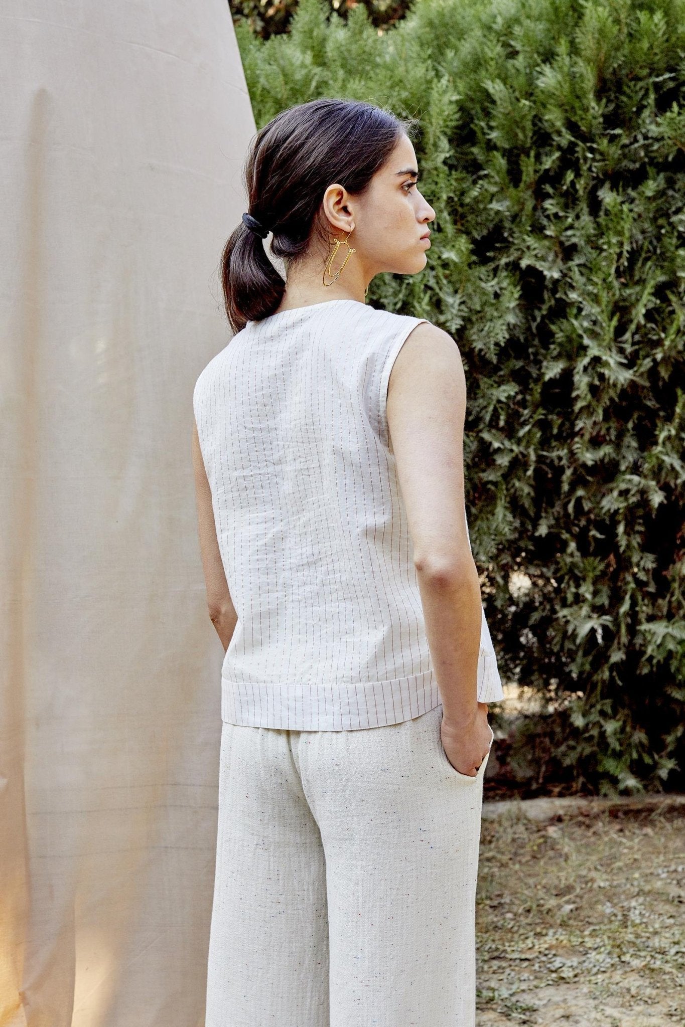 White Copper Zari Stripe Shirt Top - The Indian Cause