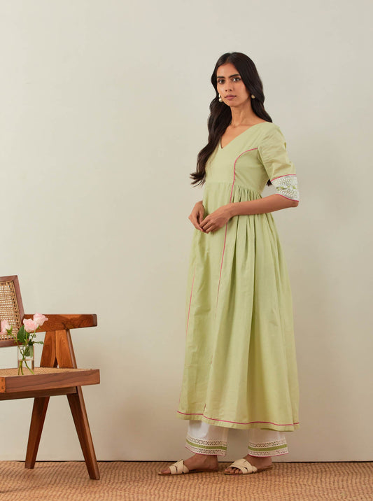 Green Plain Markab Anarkali Kurta With Chikankari Border and Palazzo with lace detail (Set of 2) - The Indian Cause