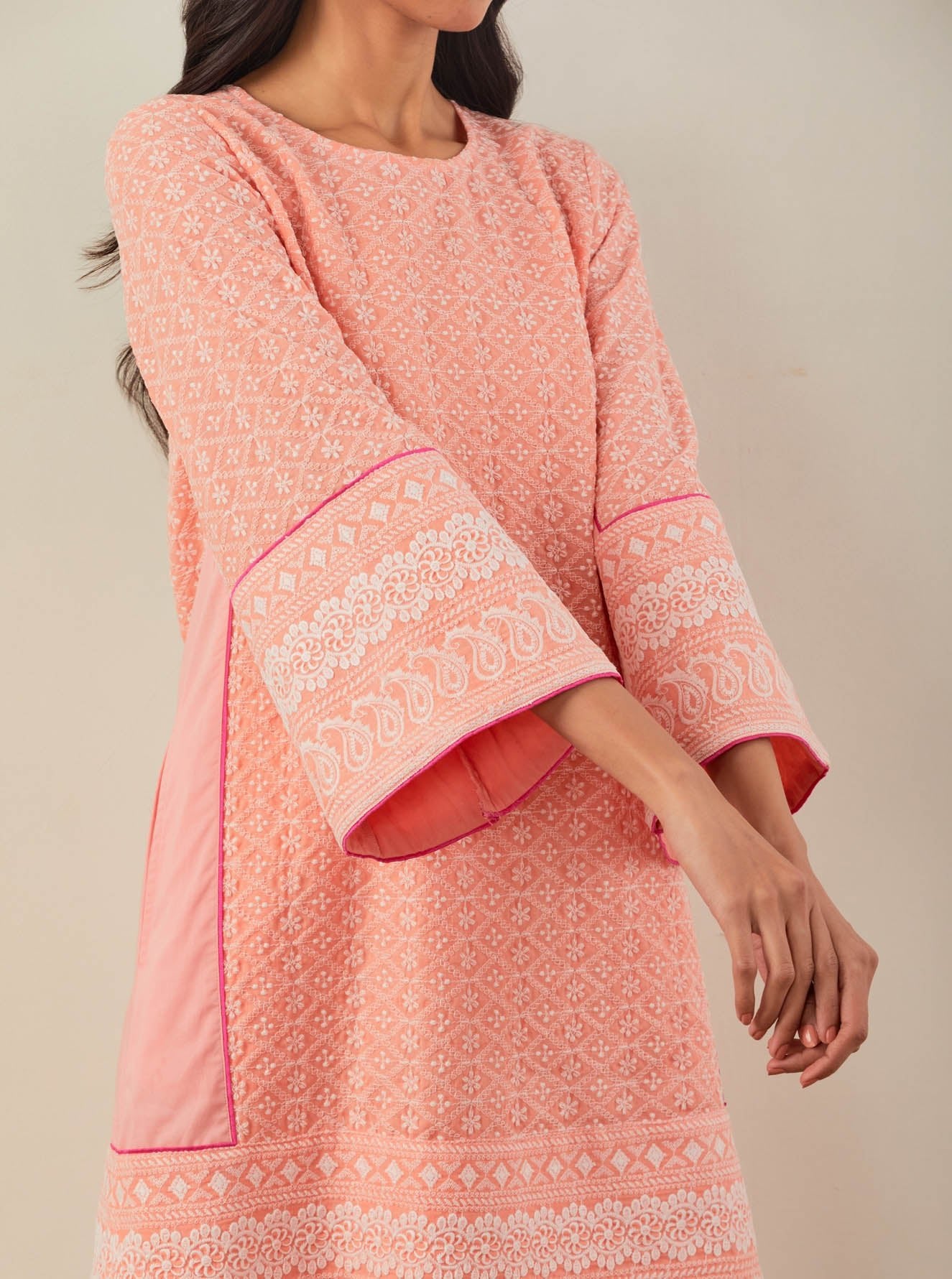 Peach Chikankari Pak Wide Arm Kurta and Palazzo with lace detail & Dupatta (Set of 3) - The Indian Cause