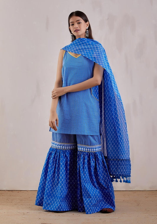 Blue Cotton Printed Strappy Kurta with Sharara and Dupatta (Set of 3) - The Indian Cause