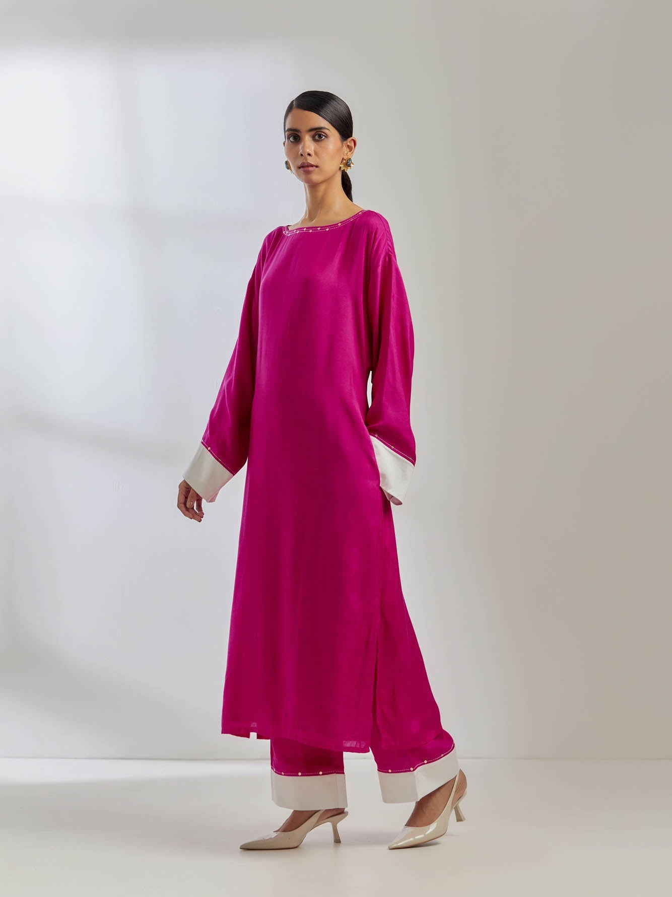 Pink Silk Kaftan Kurta With Palazzo (Set Of 2) - The Indian Cause