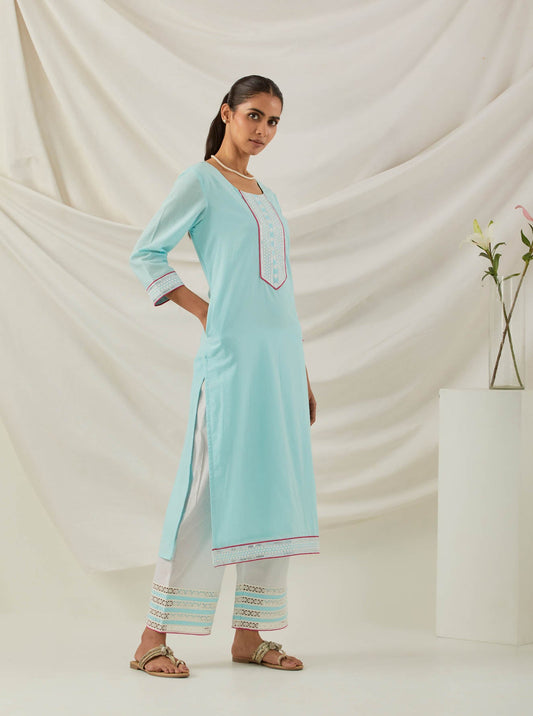 Blue Plain Rozana Straight Kurta With Chikankari Placket and Palazzo with wide lace detail (Set of 2) - The Indian Cause