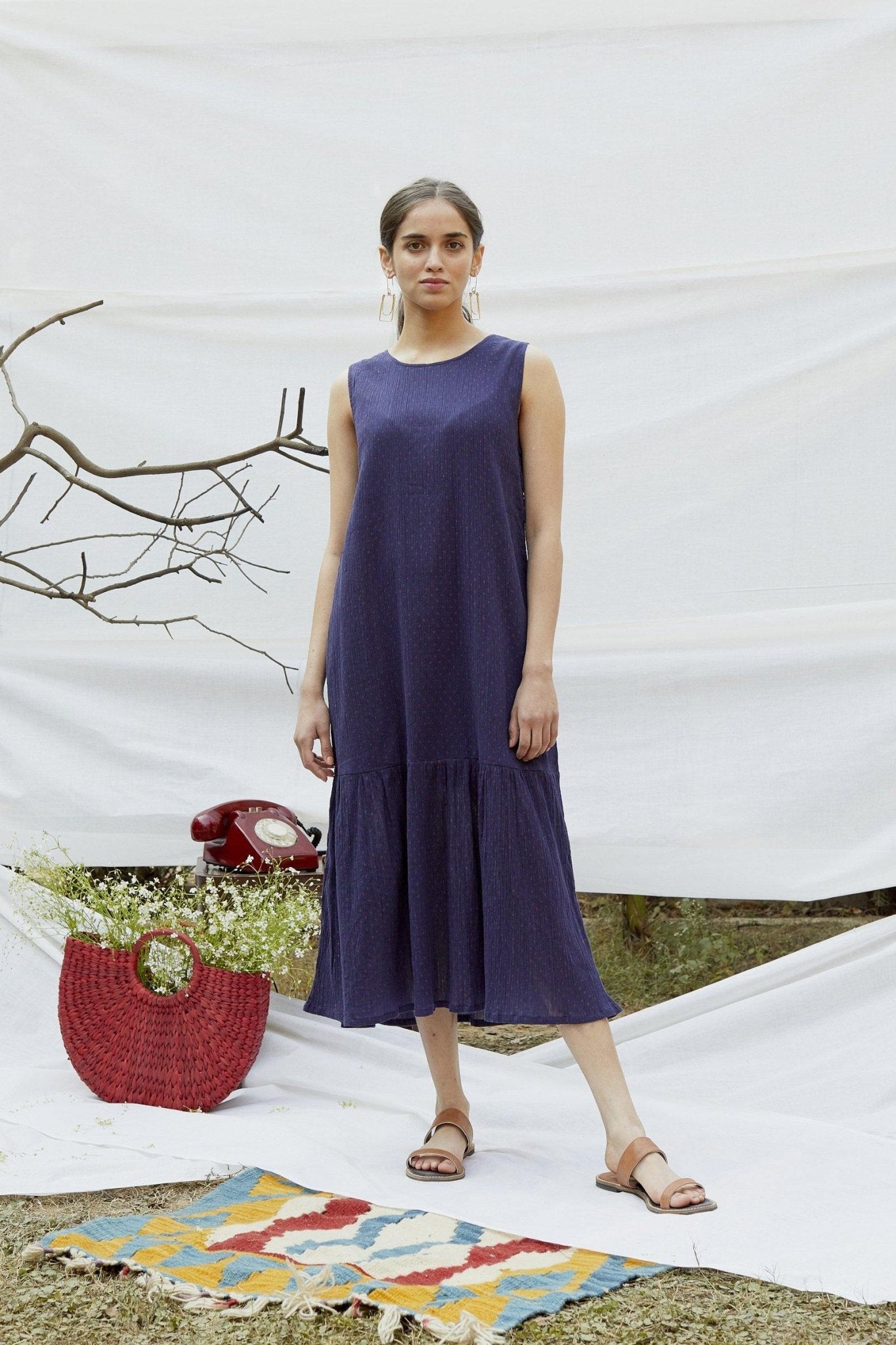Blue Cotton Crepe Printed Long Dress - The Indian Cause