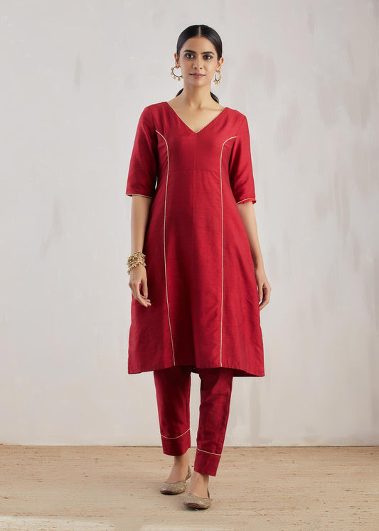 Red Markab Kurta with Pant (Set of 2) - The Indian Cause