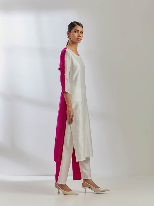White/Pink Raw Silk Half And Half Kurta - The Indian Cause