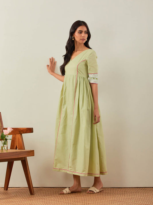 Green Plain Markab Anarkali Dress With Chikankari Border - The Indian Cause
