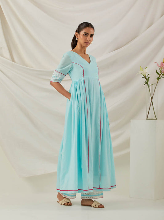 Blue Plain Markab Anarkali Kurta With Chikankari Border - The Indian Cause