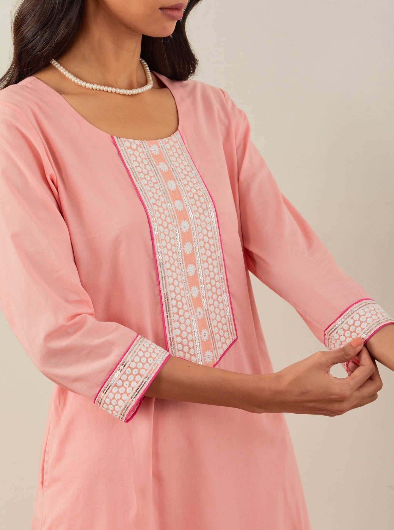 Peach Plain Rozana Straight Kurta With Chikankari Placket and Palazzo with wide lace detail (Set of 2) - The Indian Cause