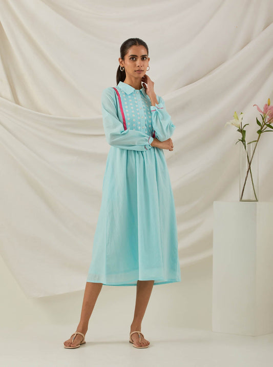 Blue Plain Zaid Collared Long Dress With Chikankari Yoke - The Indian Cause