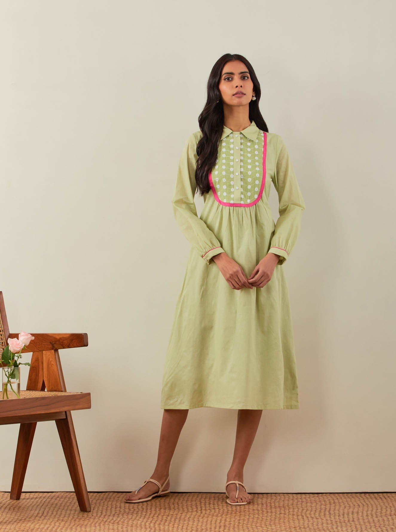 Green Plain Zaid Collared Long Dress With Chikankari Yoke - The Indian Cause
