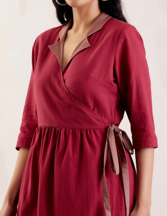 Red Cotton Collared Wrap Dress - The Indian Cause