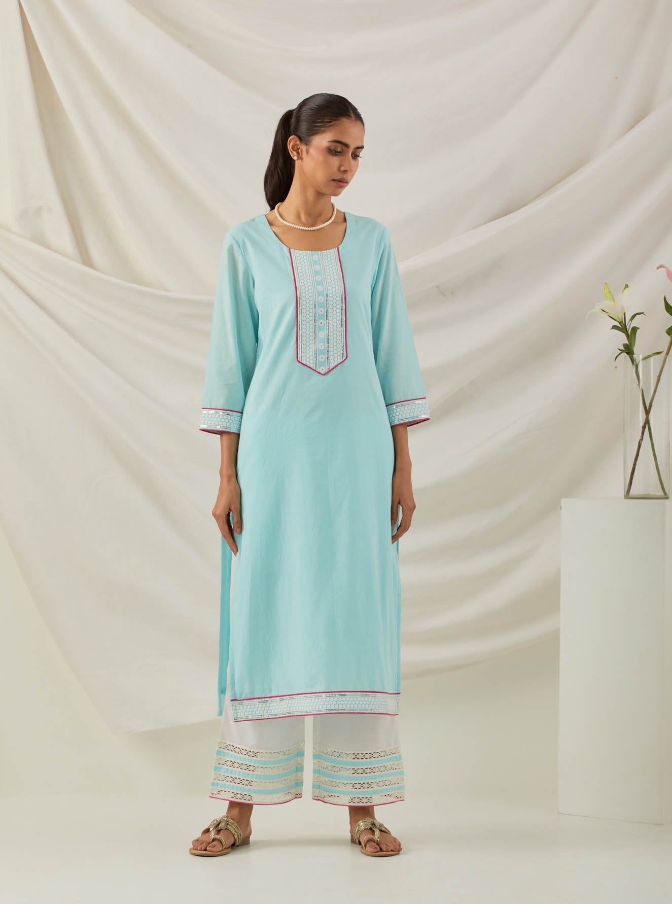 Blue Plain Rozana Straight Kurta With Chikankari Placket and Palazzo with wide lace detail (Set of 2) - The Indian Cause
