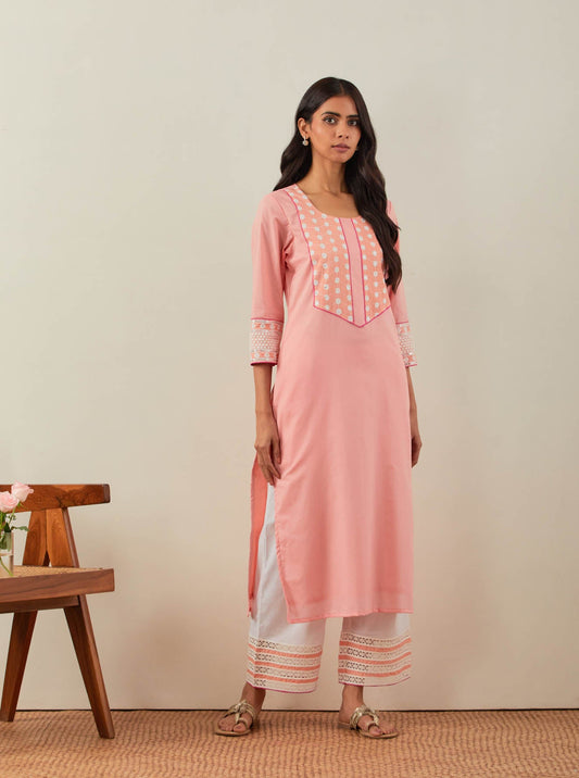 Peach Plain Rooh Straight Kurta With Chikankari Yoke Details - The Indian Cause