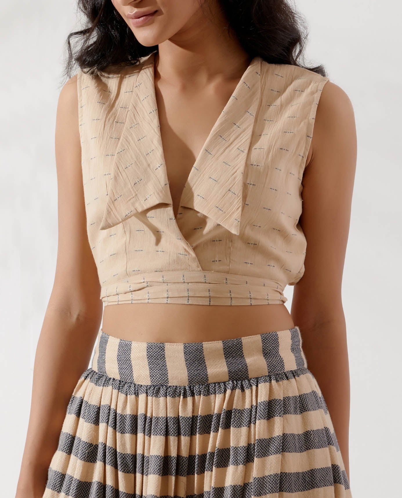 Beige Dobby Collared Crop Top - The Indian Cause