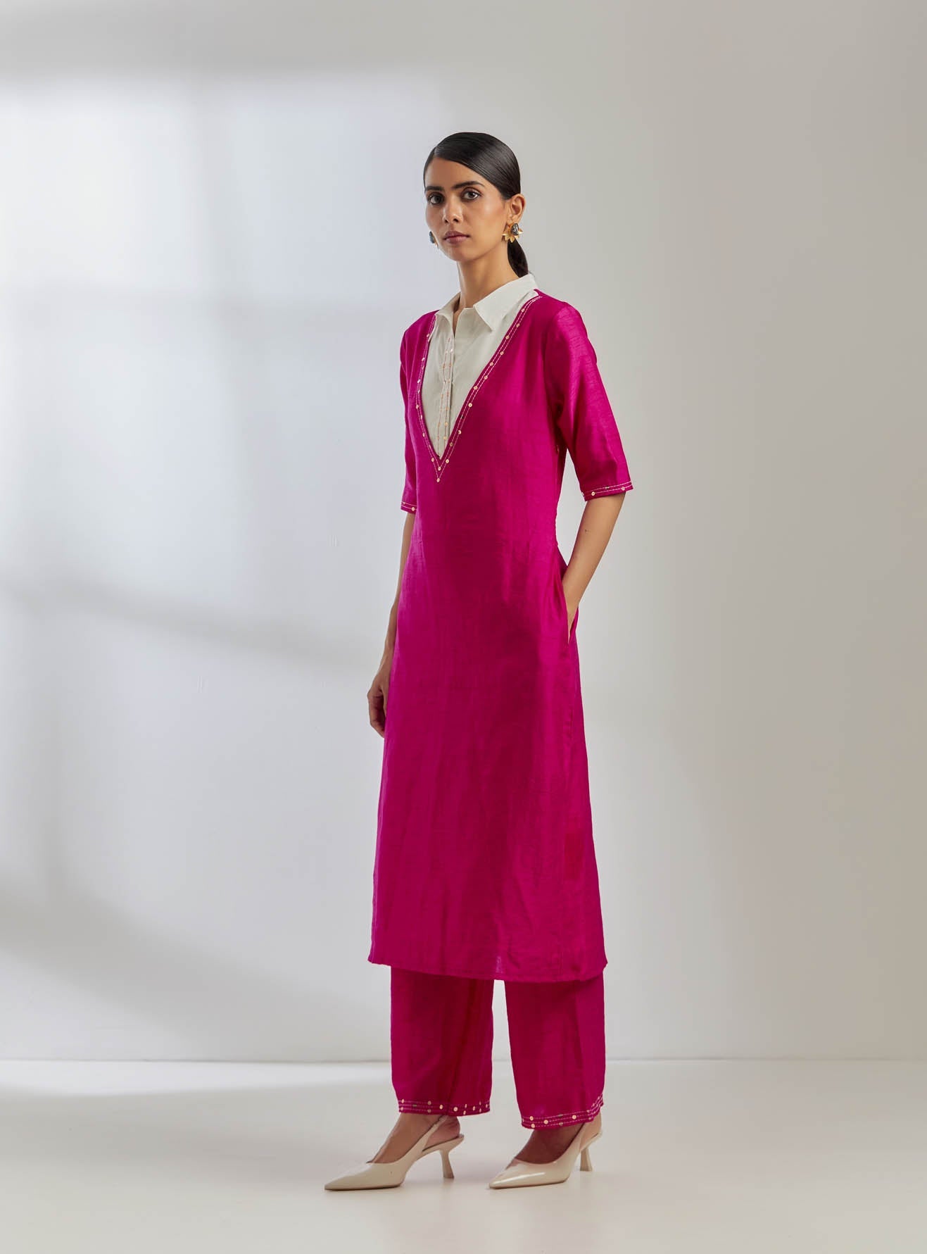 Pink Raw Silk Collared Kurta - The Indian Cause