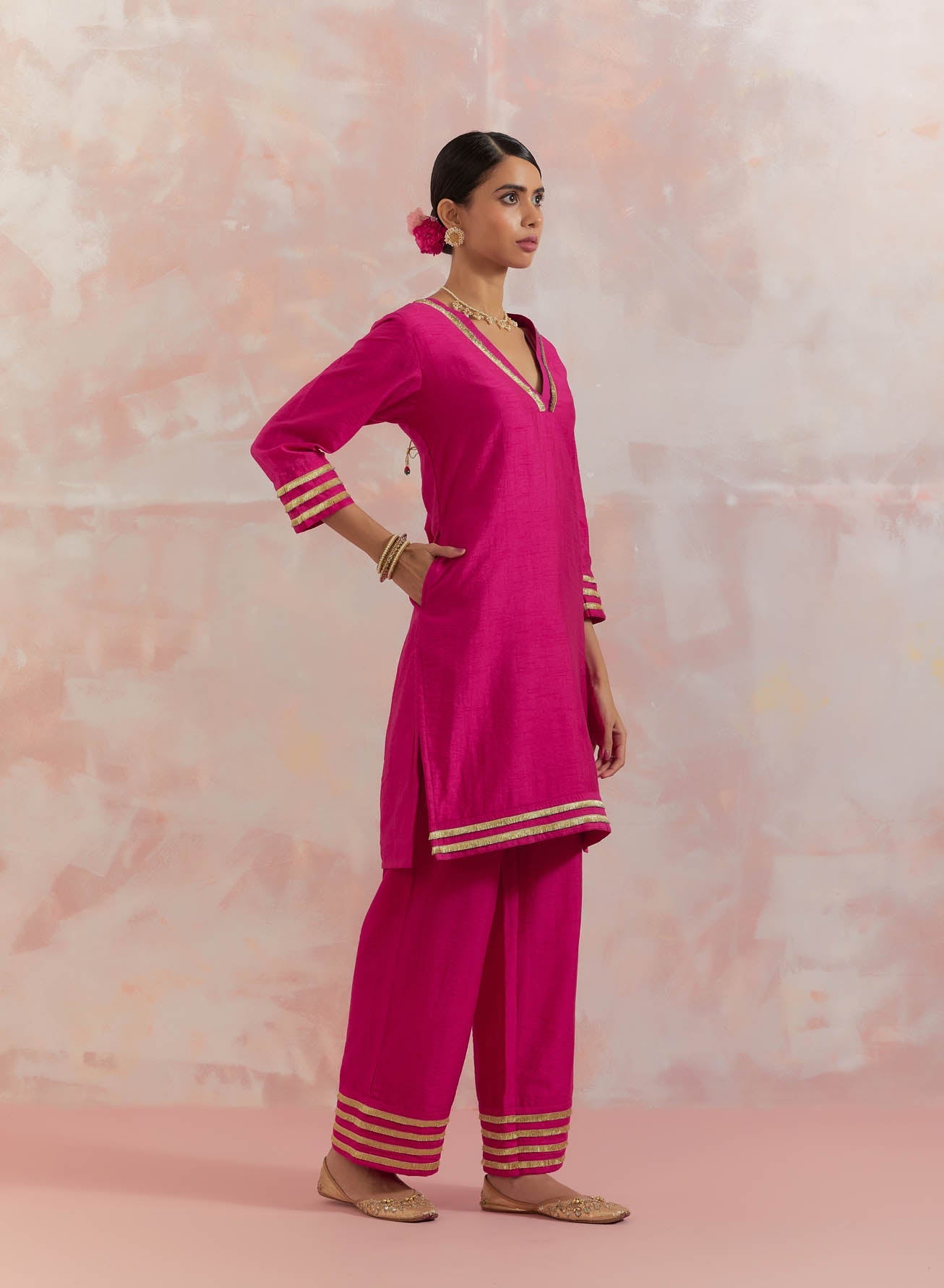 Pink Kali Short Kurta With Pant (Set Of 2) - The Indian Cause