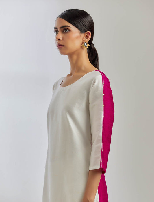 White/Pink Raw Silk Half And Half Kurta And Palazzo (Set Of 2) - The Indian Cause